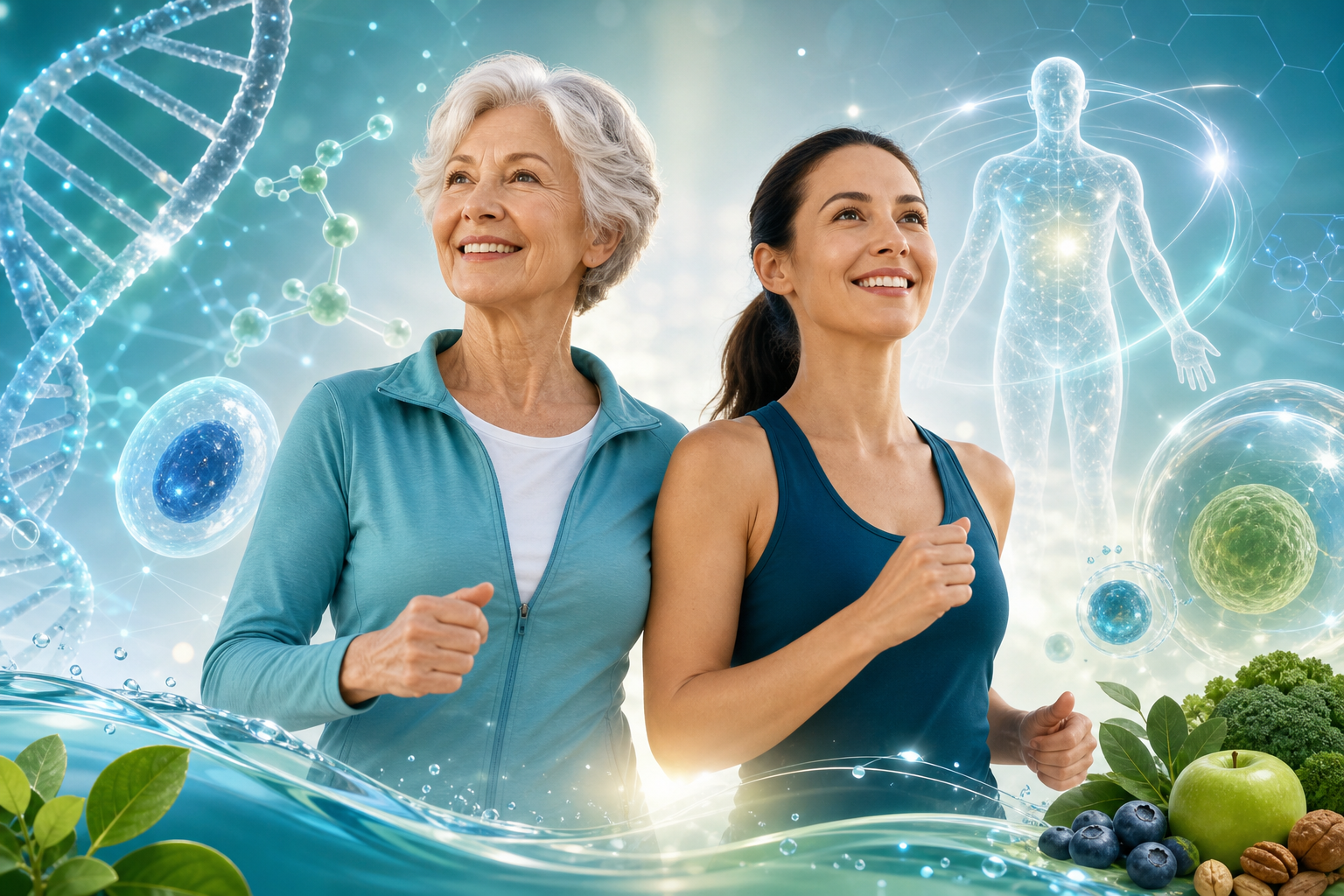 Scientific illustration with two running women alongside DNA and cell imagery